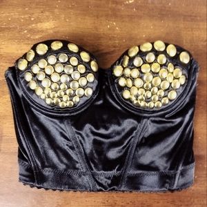 Nasty Gal Strapless Bustier Top Sexy Black & Plunging Gold Studded Bust Size XS
